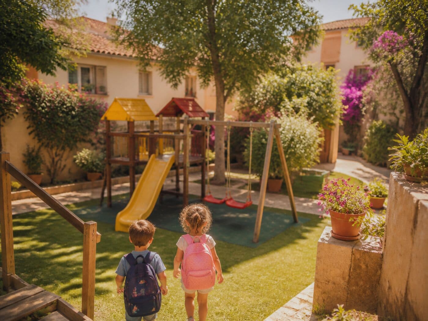 קייטנת קיץ בית אליעזר — מגרש משחקים שכונתי עם מגלשה צהובה ונדנדות