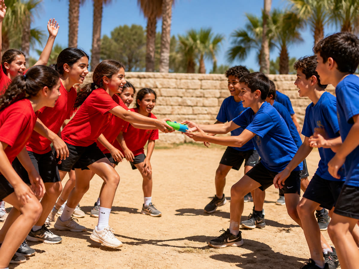 צוות בנות באדום וצוות בנים בכחול מעבירים מקל בתחרות שליחים